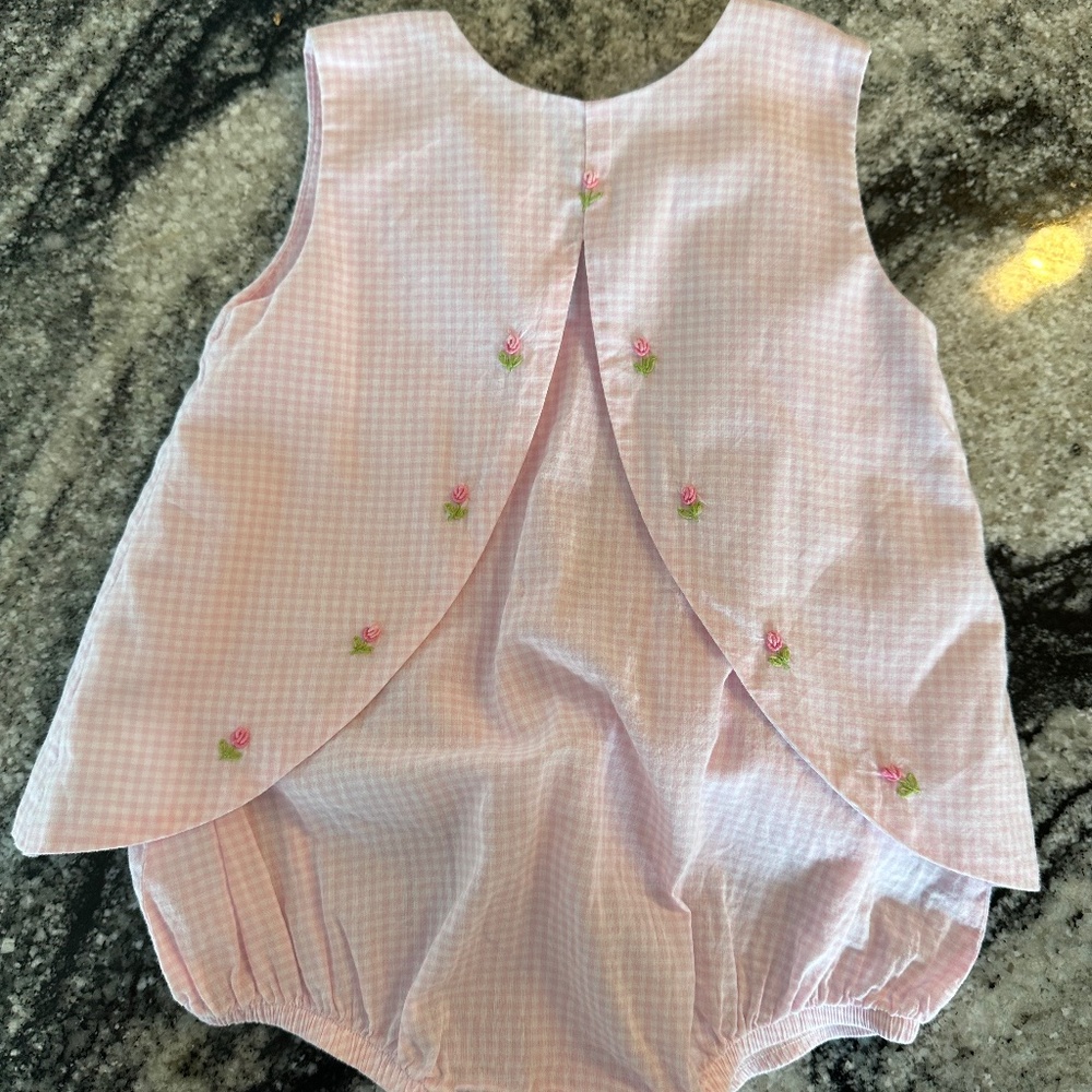 Proper Peony pink gingham rosette baby girl bubble 6m bow
